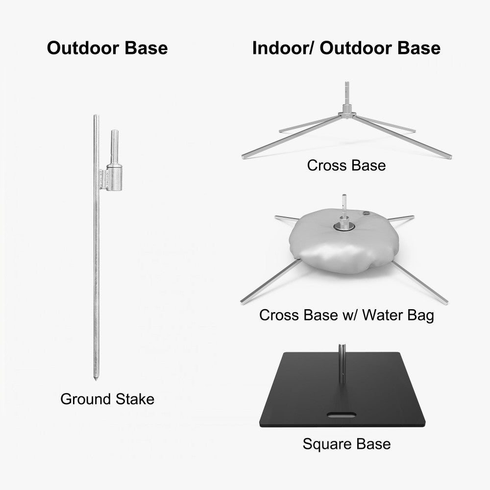 Diagram of different base options for a product, including outdoor and indoor/outdoor bases.