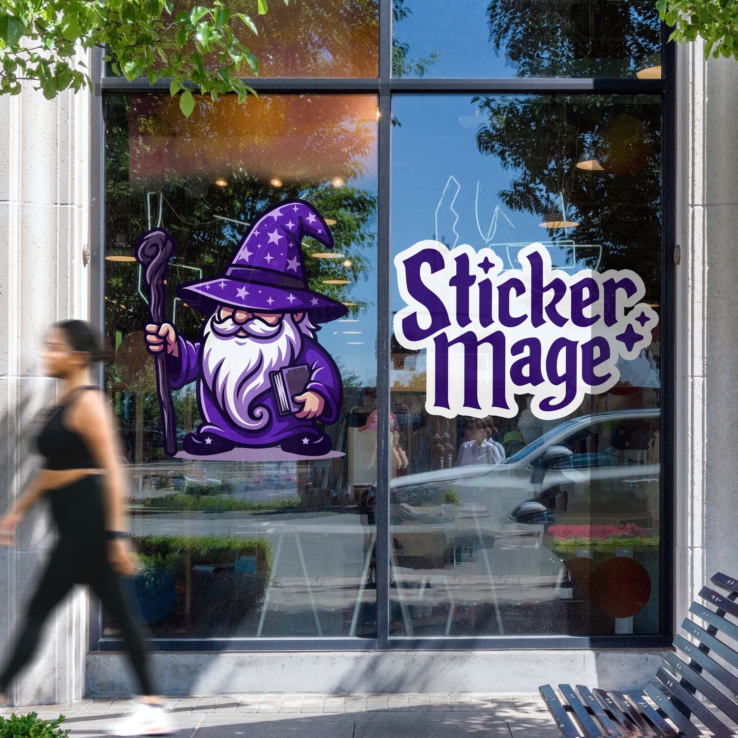 A large purple and white 'Sticker Mage' graphic decal is displayed on a storefront window, alongside a matching cartoon wizard gnome sticker. A woman walks past the window on the left, and a wooden bench is visible in the foreground.